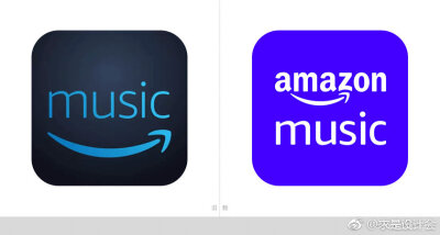 全新的 LOGO 将亚马逊（Amazon）和音乐（Music）独立区分，前者则继续使用亚马逊的标志，而产品名称则直接采用无衬线的文字。#求是设计会#