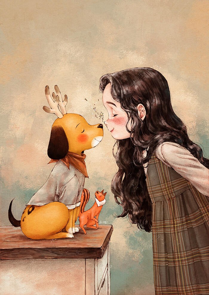 来个碰鼻礼，传递幸福的气息 ~ 来自韩国插画家Aeppol 的「森林女孩日记-2019」系列插画。