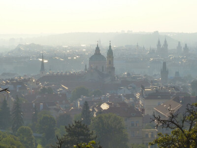 fog mist skyline morning hill city skyscraper cityscape travel dusk europe haze landmark church cathedral prague st republic mala strana czech cesko praha nicholas petrin svateho chram mozart mikulase…