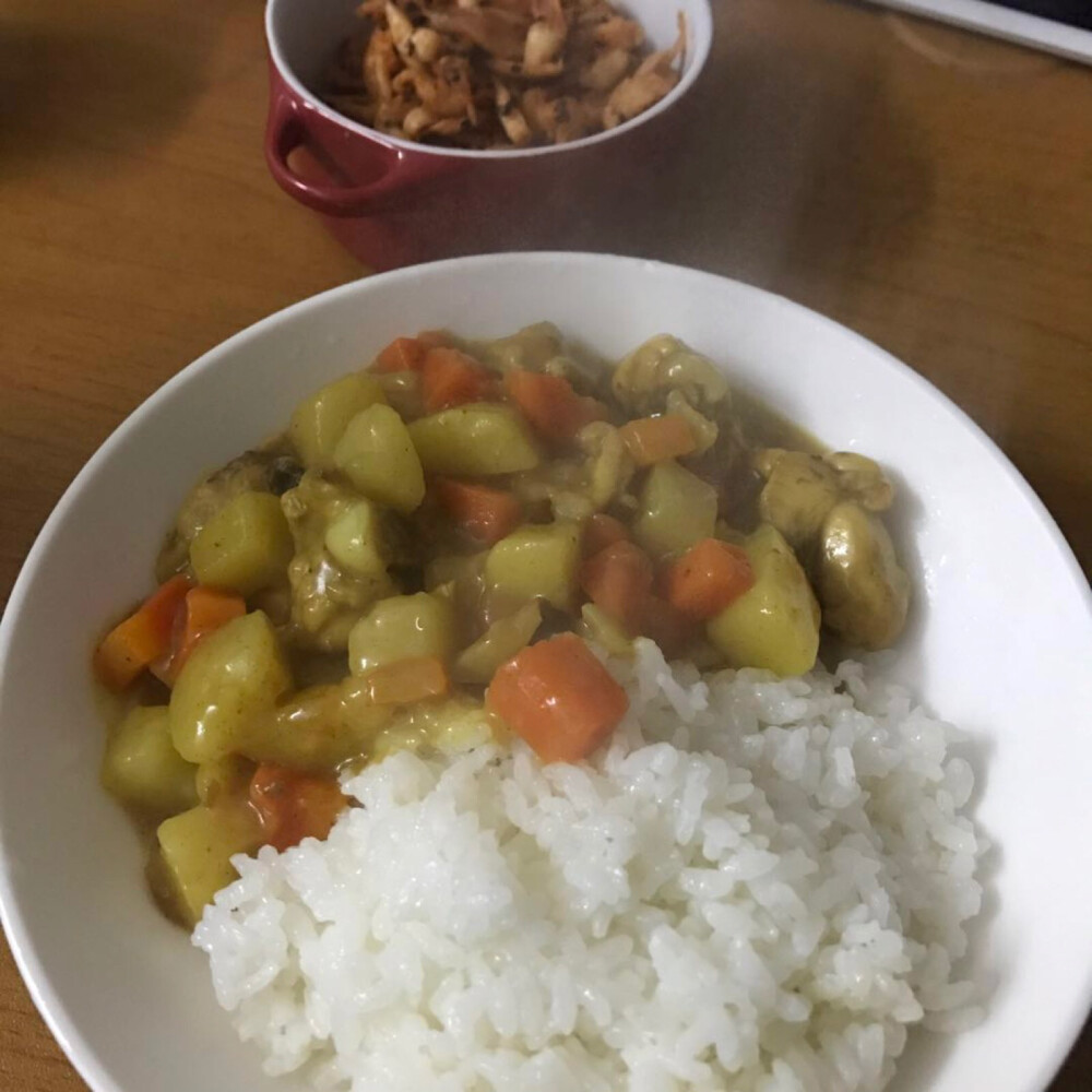 炒鸡简单下饭的咖喱饭～好吃到舔饭碗
胡萝卜切丁+土豆切丁+小鸡腿切丁+咖喱块，简单完成✅，不要任何调料，懒人必备。