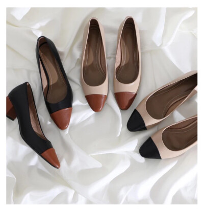 2018秋新款单鞋真皮浅口粗跟鞋OL拼色简约中跟鞋尖头百搭工作鞋女