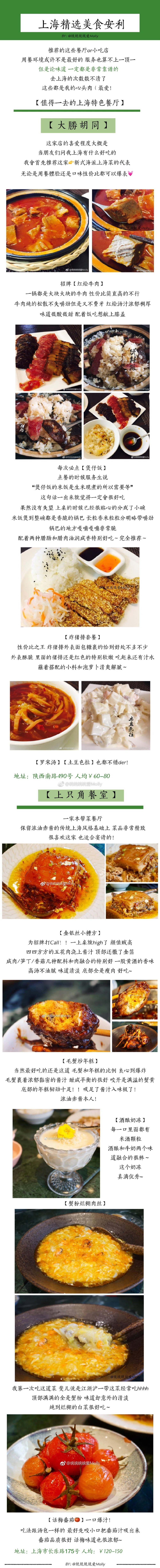 每次到上海都一定要去的那些美食店
【上海精选美食list】
老上海的味道 炸猪排蘸辣酱油/浓油赤酱的糯米烧麦/辣肉丁配冷馄饨/汤汁满满的蟹粉小笼/咸豆浆配上馅料超足的青菜包
新上海的味道 椰浆咖喱泰式火锅/地道的韩式辣炒年糕豆浆面/日系暖暖小食堂/还有最后我的甜品胃
P❶ 大勝胡同/上只角餐室
P❷ 莱莱小笼/郑阿姨特色馄饨/富麦包子
P❸ 查餐厅/美誉餐室/福记港式茶粥面
P❹ 陵水酒家/老上海排骨年糕
P❻ Just thai/Sumerian
P❼ Fine cafe&Canteen/Fiu Pump
P❽ 新镇江食品坊/白玉兰/18Fun面包房/阿提桑手工馒头
P❾三花奶奶的甜品/芙蕾咖啡馆/Tplus&It's tea
个人口味谨慎种草哟