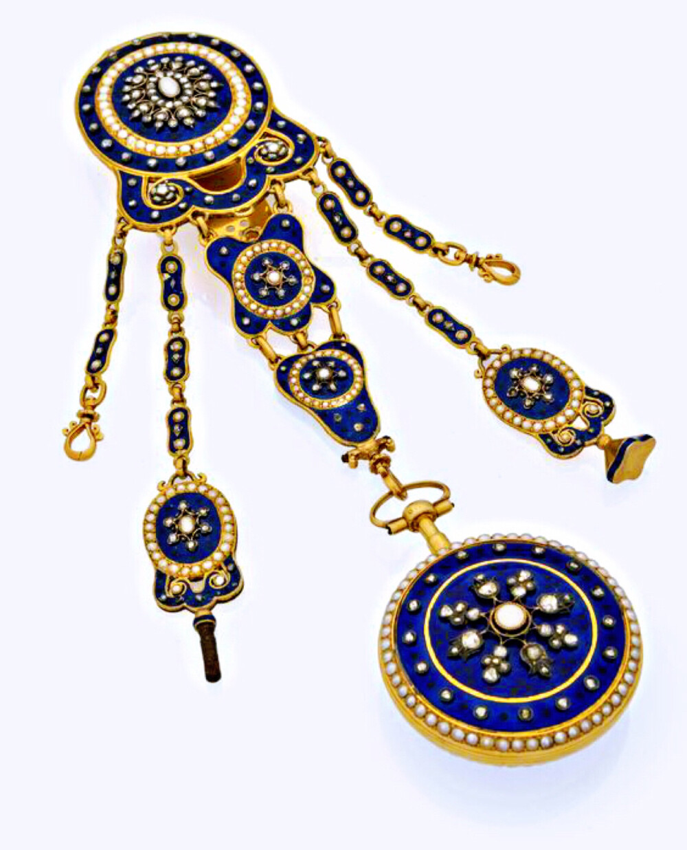 帝王蓝珐琅彩黄金镶嵌钻石腰链怀表丨在18世纪,腰链极为盛行,较为普通