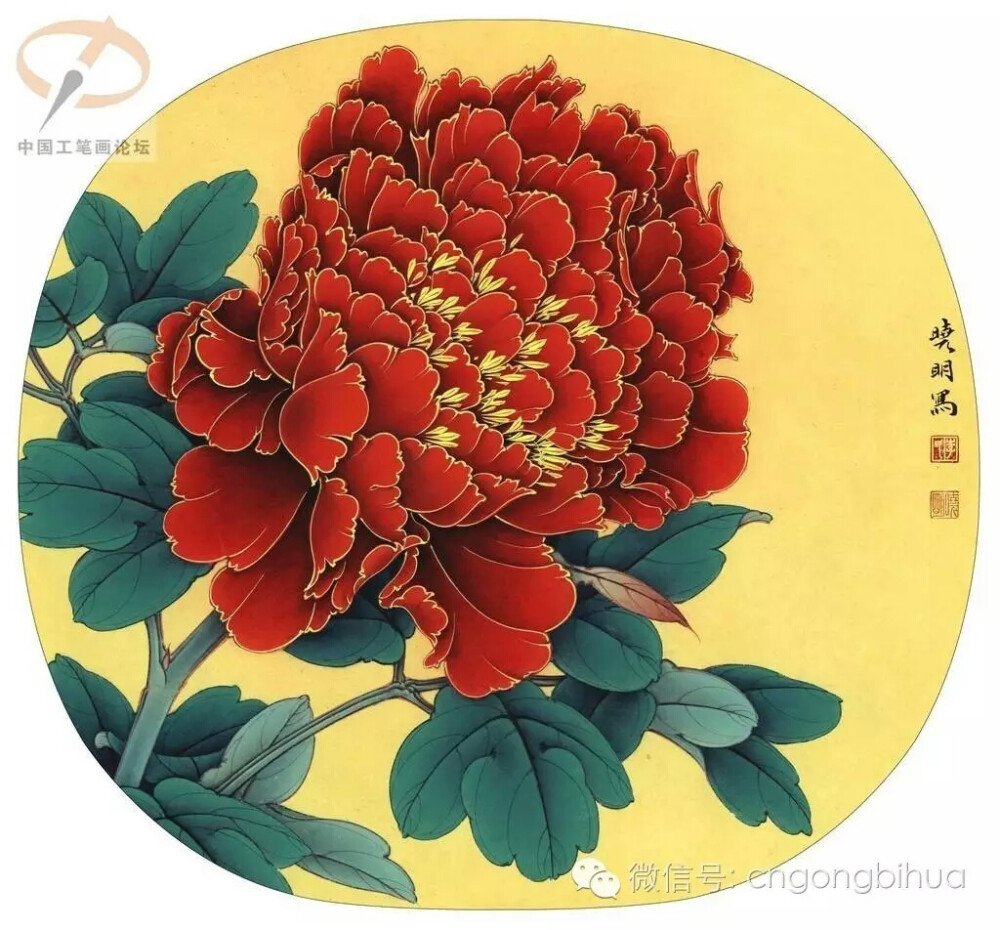 牡丹名品十二钗之七，火炼金丹
背景：黄色+朱磦平涂七、八次
花头：平涂朱磦，统染和分染浓曙红，暗部提染中墨，最后平涂曙红，用泥金重新勾勒花头
正叶：平涂青绿色，统染花青，分染花青墨，提染头绿（叶子亮面）罩染翠绿，中墨复勒三根筋，淡墨勾细叶脉，胭脂勾主筋
反叶：平涂汁绿，统染草绿，分染墨绿，亮面提染四绿，淡胭脂复勒并勾细叶脉。
花蕊：浓粉黄色点蕊，淡朱磦蕊线