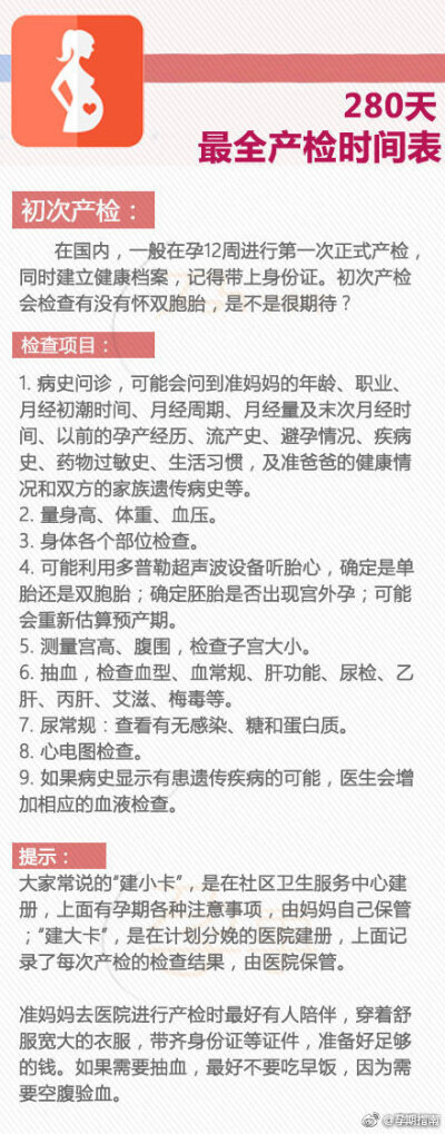 【280天最全产检时间表 孕妇很忙】
产检就像车辆定期保修 车不保养也能开 但不及时了解车子的状况 有的小问题可能就会酿成大祸 为了肚子里的小宝宝 准妈妈们可要按时进行产检 最好准爸爸能够陪同 孕事妈把孕…