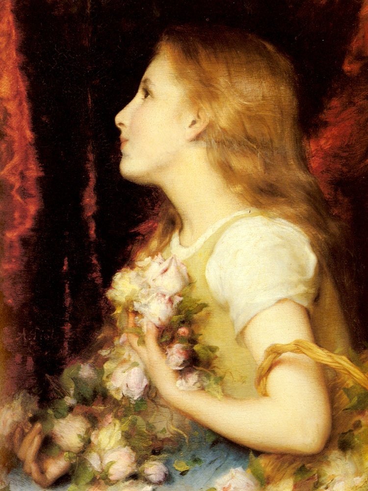 法国画家艾蒂安·阿道夫·皮奥特（étienne Adolphe Piot ，约1825 – 1910) 的作品。从1850年到1909年，皮奥特多次在巴黎的沙龙中展出作品，并在1883年成为了法国艺术家协会会员。他的肖像画背景多为深色，主题以年轻女子和儿童为主，人物优雅生动，天真无邪。 ????