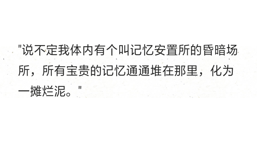 "说不定我体内有个叫记忆安置所的昏暗场所，所有宝贵的记忆通通堆在那里，化为一摊烂泥。"