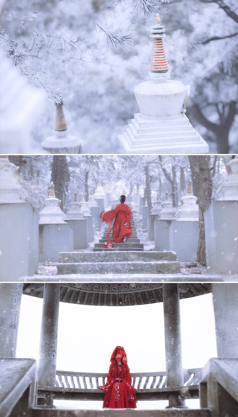 我们大婚时本应杏花春雨，可你未至。
我从早春等到了隆冬，从红颜等到了白发。
雪里飞散的风都像你的声音，冰湖中的倒影错似你的身影。
可这白茫茫的雪里，这白茫茫的一生里，最终也没有你。
摄影/后期@大如如酱
出镜@机智的宝宝薰