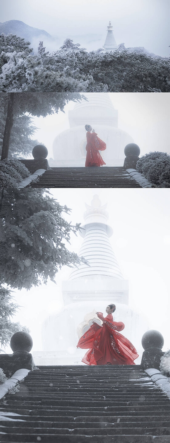 我们大婚时本应杏花春雨，可你未至。
我从早春等到了隆冬，从红颜等到了白发。
雪里飞散的风都像你的声音，冰湖中的倒影错似你的身影。
可这白茫茫的雪里，这白茫茫的一生里，最终也没有你。
摄影/后期@大如如酱
出镜@机智的宝宝薰