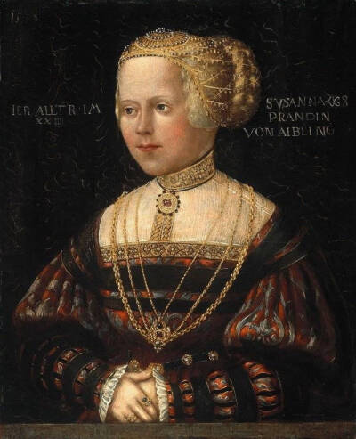  几个1510~30年代的德国地区贵妇像，文艺复兴德风服饰给人的直观感觉就是厚重、色调浓郁、宽大而硬朗，一种带有典型北方特色的奢华。 ​​​
