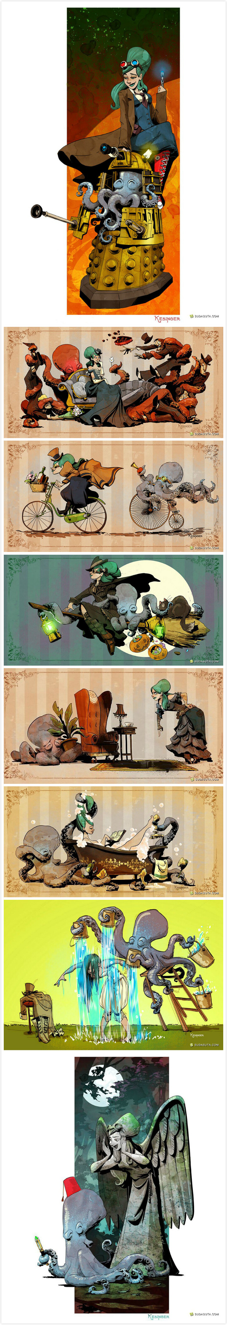 Brian Kesinger 是华特迪士尼动画制作公司的故事艺术家，到了晚上，他是“Walking Your Octopus”的作者和插画师。Kesinger 巧妙地将迪士尼世界与蒸汽朋克的宇宙融为一体，并想象出一个不太可能的友谊的激动人心的冒险。这些美妙的冒险的主角是Victoria 和她的宠物章鱼 Otto。一组有趣的轻松幽默的卡通作品。