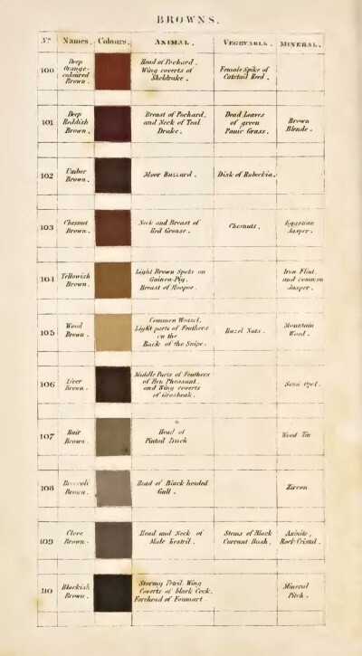 *
有没有想过在相机诞生之前，
我们如何去描述这个世界？
Werner's Nomenclature of Colors
First published in 1814
200多年前，德国矿物学家Werner创造了一套色彩分类指南，以帮助人们分辨、定义自然界中所能见…