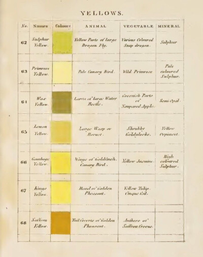 *
有没有想过在相机诞生之前，
我们如何去描述这个世界？
Werner's Nomenclature of Colors
First published in 1814
200多年前，德国矿物学家Werner创造了一套色彩分类指南，以帮助人们分辨、定义自然界中所能见…