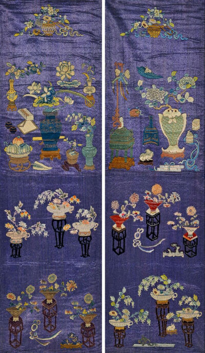 【蓝色呢满绣博古图饰片】——清晚期