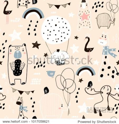 Seamless childish pattern with cute hand drawn animals and textures. Creative kids texture for fabric wrapping textile wallpaper apparel. Vector illustration