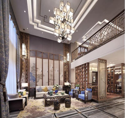 两层挑高的客厅，中式屏风为背景，以现代的装饰手法和家具，结合中式古典的装饰元素http://www.xiugei.com/xiaoguotu/zhongshi/，呈现亦古亦今的空间氛围。电视背景墙采用园林式借景的手法，将整个蓝色波纹石材背景…