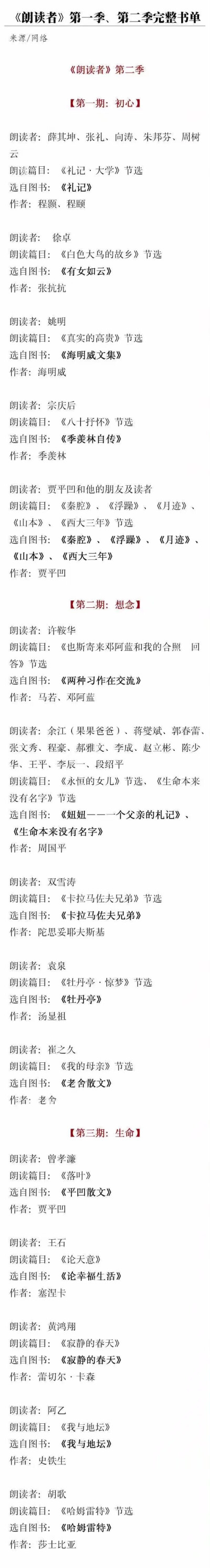 《朗读者》第一季、第二季完整书单，值得收藏。