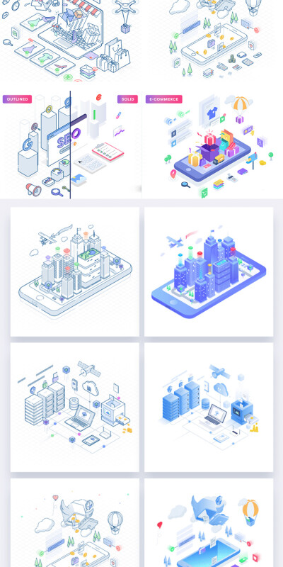 2.5D扁平插画等距立体科技城市网页数据商务城市场景图标设计S106