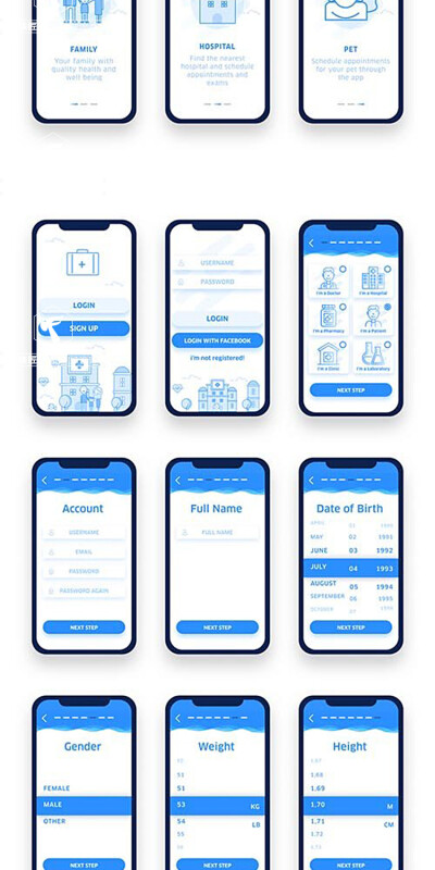 创意蓝色互联网医院医生医疗预约就医手机APPUI界面模板S16