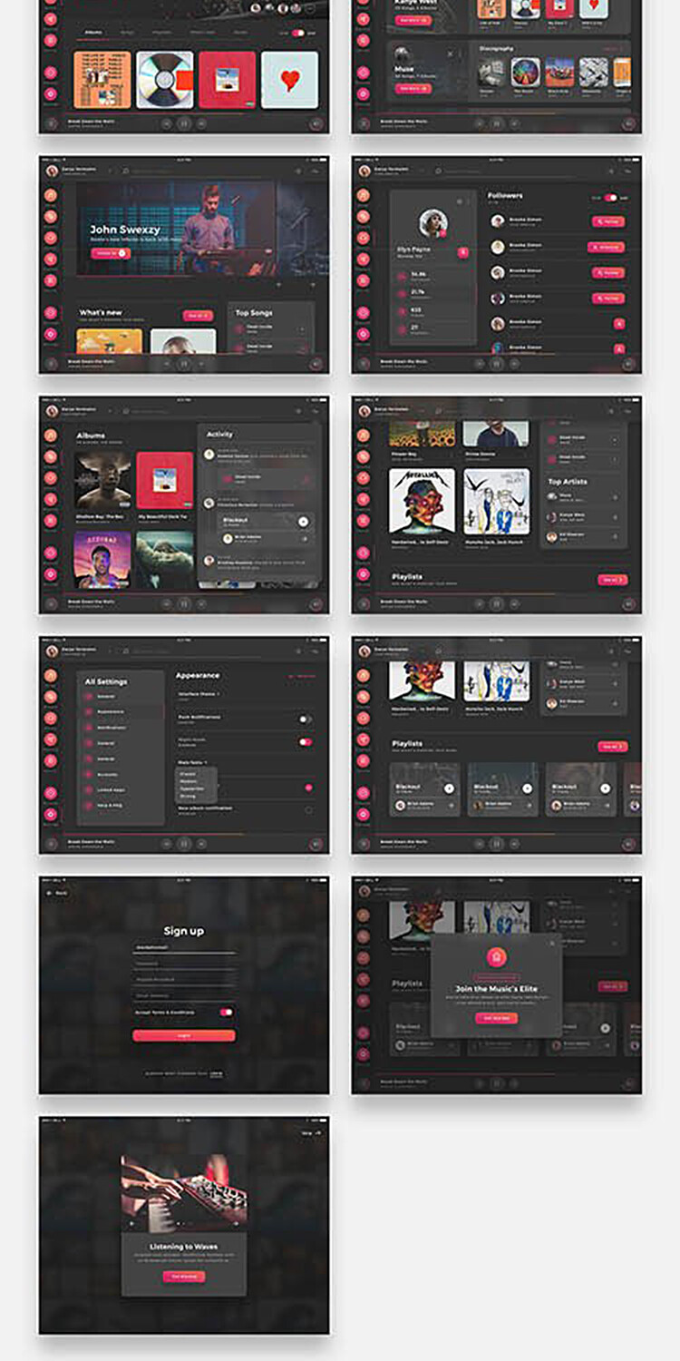 扁平时尚创意黑色音乐唱片播放器软件网页UI界面设计模板素材S8