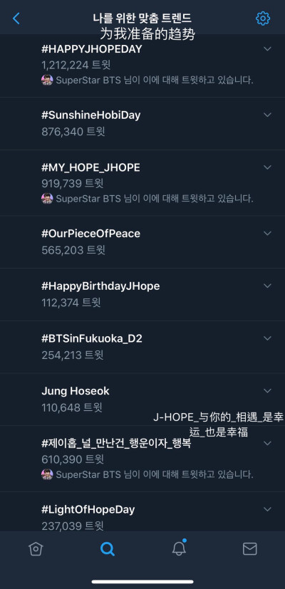 190218 成员更推
谢谢你们 阿米
图1 2：J-Hope生日粗卡
图4：（顶）为我准备的趋势
（倒数第二行）J-HOPE_与你的_相遇_是幸运_也是幸福 ​
#郑号锡