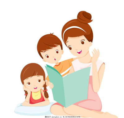 陪孩子看书的妈妈卡通人物矢量 故事 男孩 女孩 儿童 卡通插画