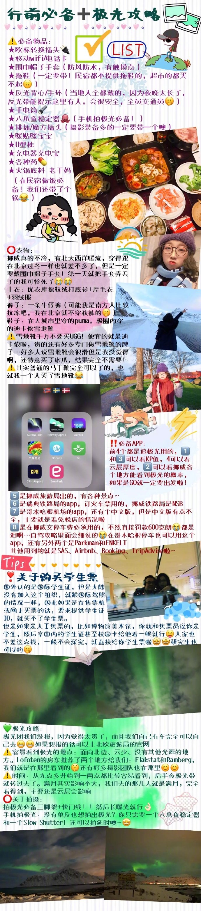 ❣️保姆级 巨详细版 北欧极光自驾游分享来自：珏小屁-1️⃣申根签➕机票2️⃣公交➕自驾3️⃣行前必备➕极光攻略4️⃣美食➕自助火锅➕购物退税6️⃣奥斯陆➕特罗姆瑟7️⃣Lofoten群岛➕基律纳8️⃣斯德哥尔摩（含地铁站打卡攻略）9️⃣哥德堡➕哥本哈根