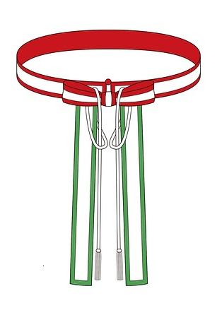 【大带】——大带由束腰部分和垂带部分组成，束腰部分以纽襻扣纽系，并缀有假结及耳。大带朝外一面为白色，朝内一面为红色，腰和垂都有缘边，也称为綼，腰及结、耳之綼为红色，垂之綼为绿色。在大带结、耳处系有长丝…