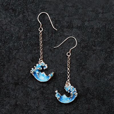 异喜堂原创设计手工银饰 心中的海 文艺蓝色海浪珐琅纯银耳环