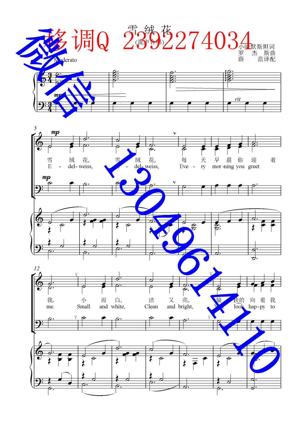 雪绒花 合唱谱 五线谱 声乐正谱 钢琴伴奏谱 移调专业户 打谱专业户