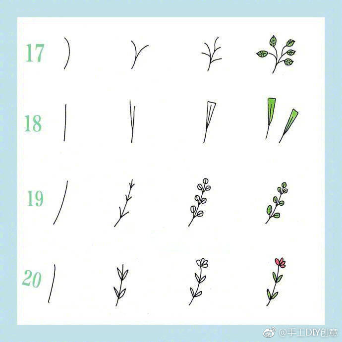 简笔画春天，24种花草植物的画法，点亮你的手账和手抄报。