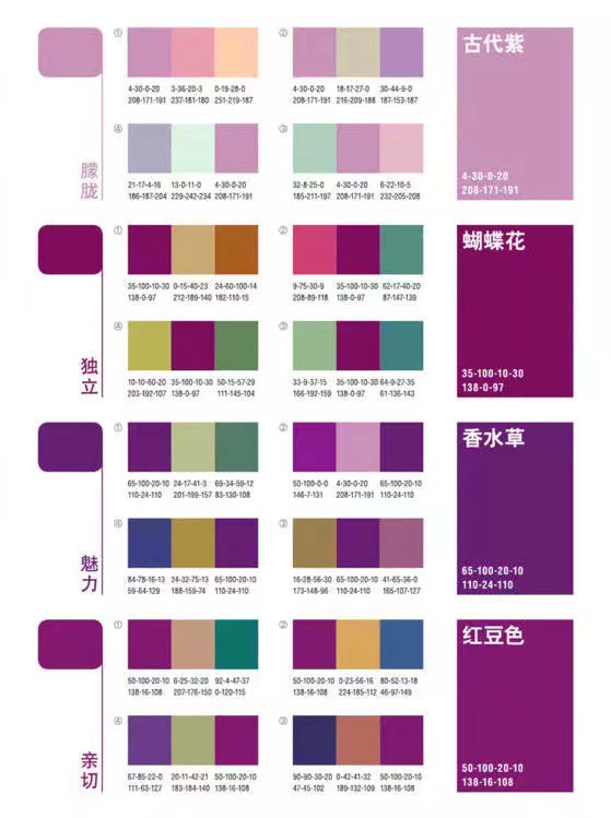 经典详尽的中国紫色系设计配色方案，附加颜色名及色值。