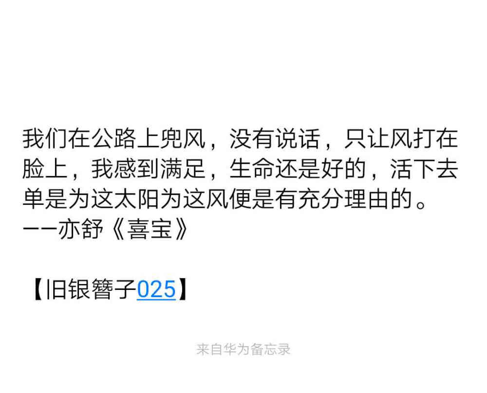 我们在公路上兜风，没有说话，只让风打在脸上，我感到满足，生命还是好的，活下去单是为这太阳为这风便是有充分理由的。
——亦舒《喜宝》