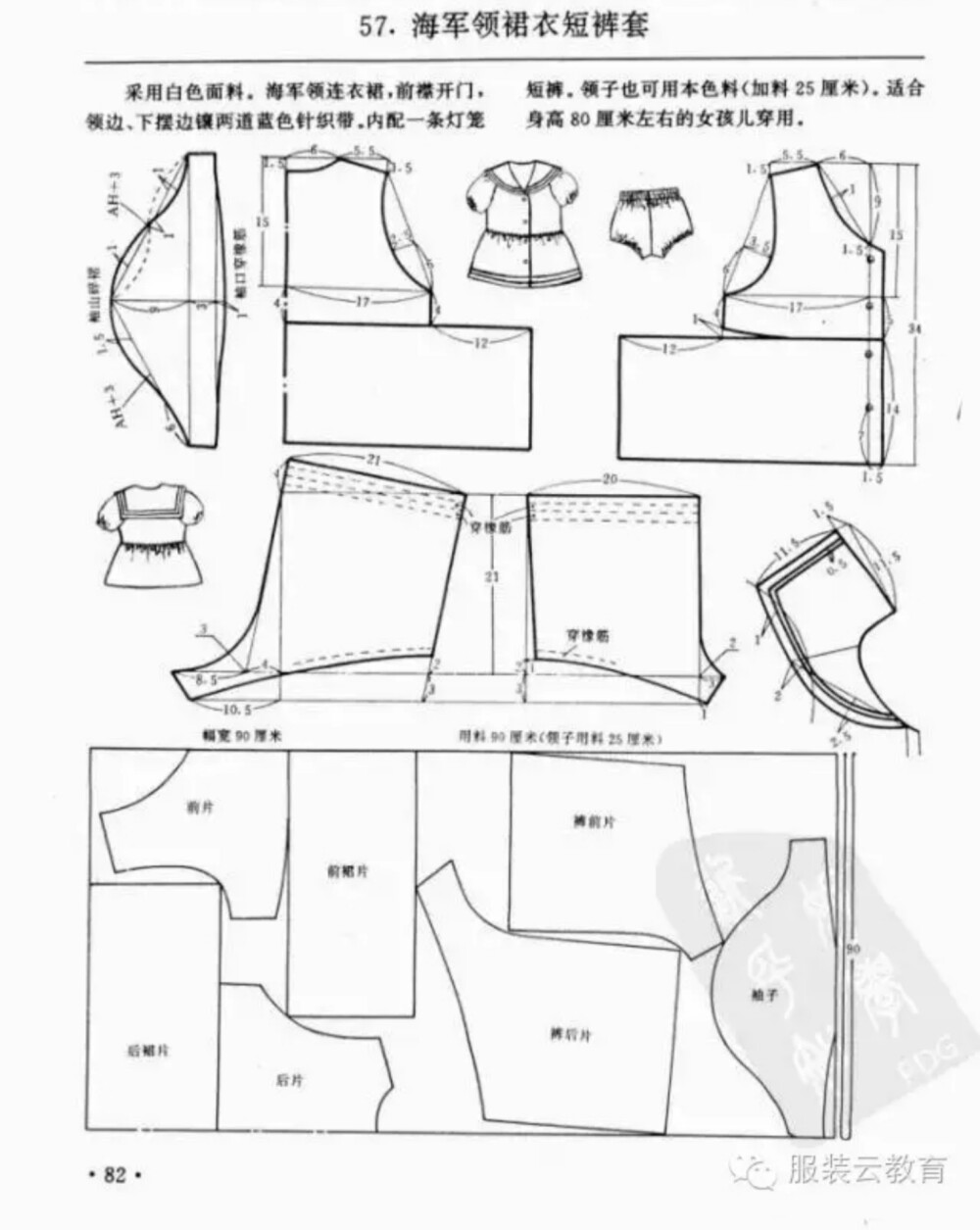 海军领泡泡袖上衣＋短裤套装
0-3岁婴幼儿各种服装裁剪图合集
小裁缝学堂