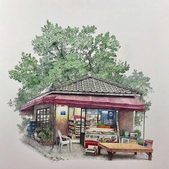 乡村小店门口的四季景，平淡的生活之美 （cr.Me Kyeoung Lee）