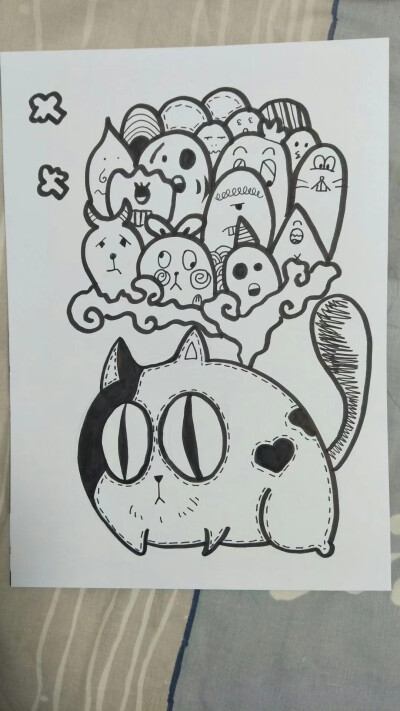 黑白线描猫