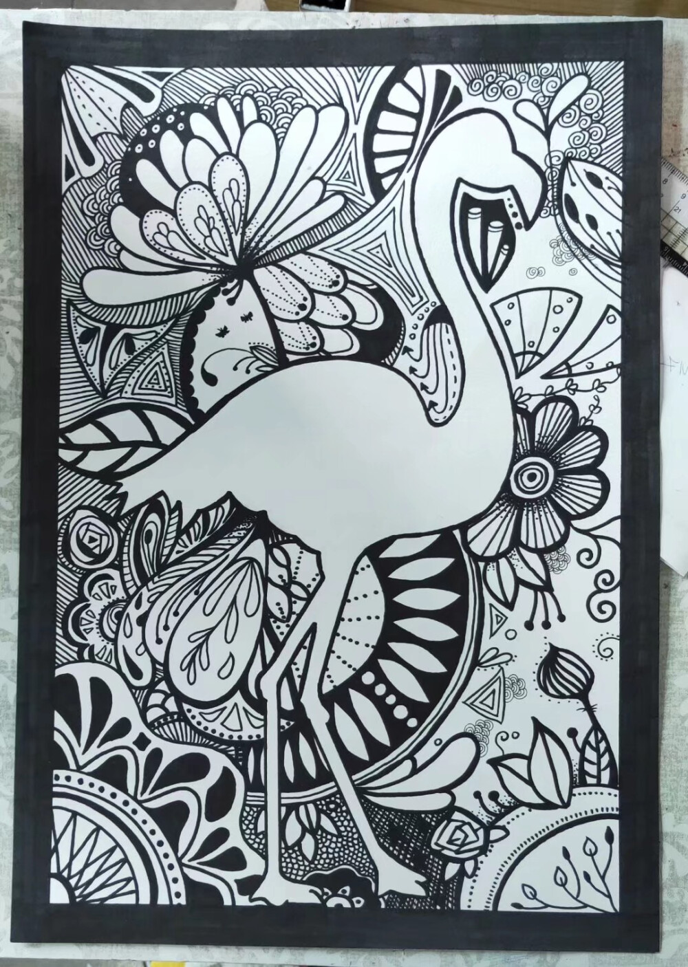 黑白线描火烈鸟