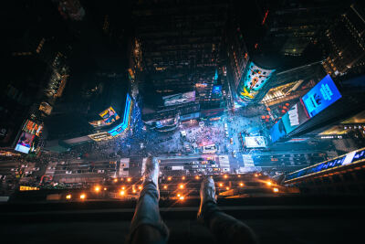 General 6720x4480 city neon lights New York City Time Square rooftopping night urban dark USA traffic aerial aerial view legs people legs hanging building architecture cityscape landscape photography