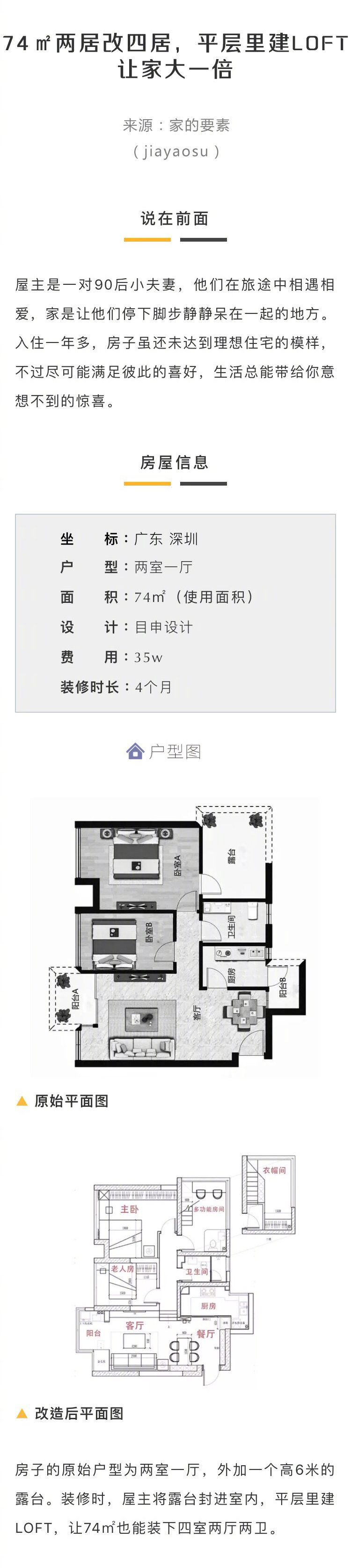 74㎡两居改四居，他们夫妻俩在平层里建LOFT，让家大了不止一倍