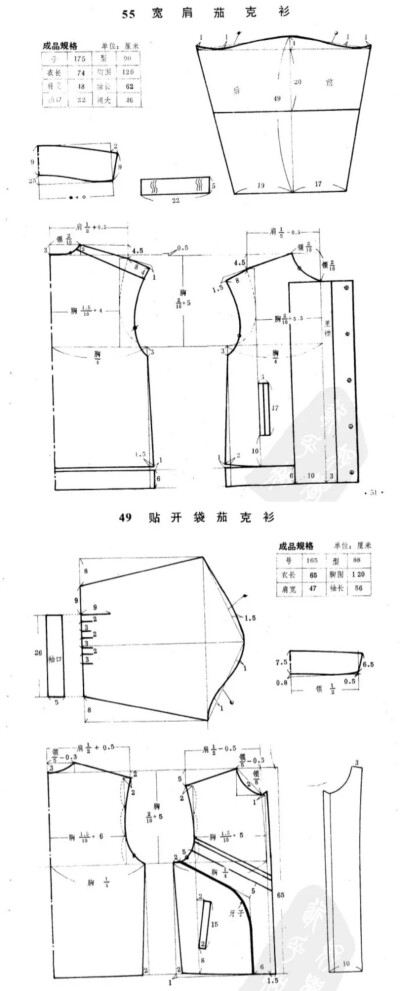 //男装裁剪图
宽肩茄克衫
贴开袋茄克衫