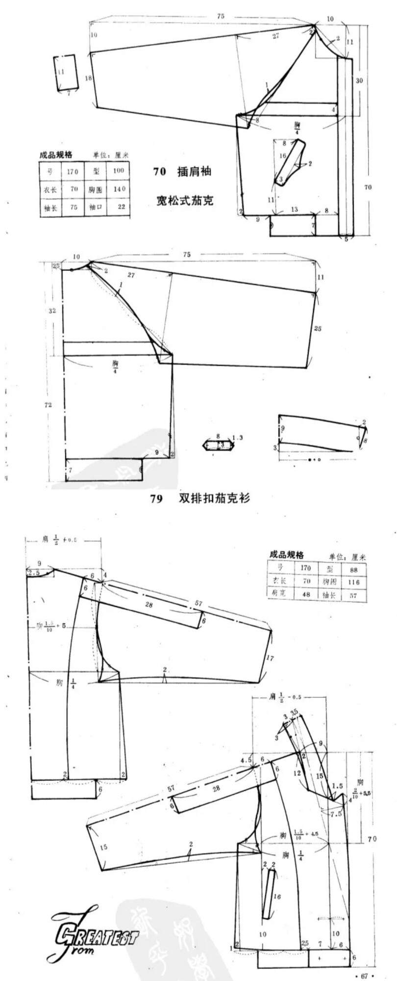 //男装裁剪图
插肩袖宽松式茄克衫
双排扣茄克衫