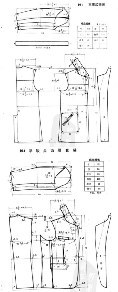 //男装裁剪图
束腰式猎装
平驳头西服