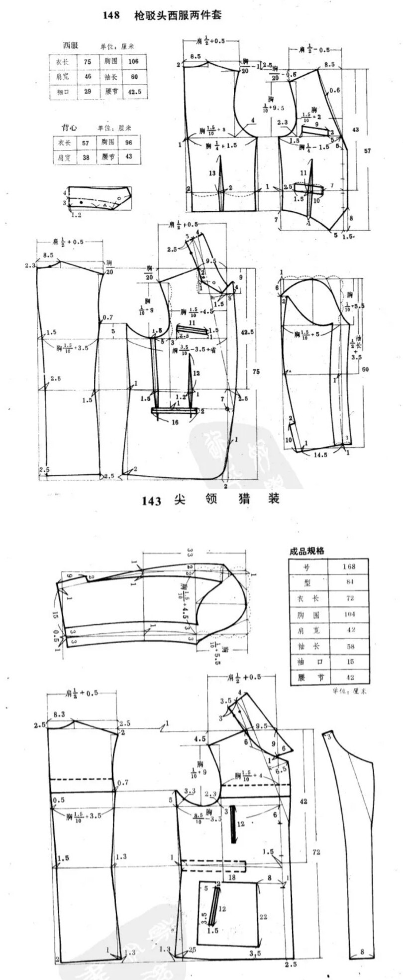 //男装裁剪图
枪驳头西服两件套
尖领猎装