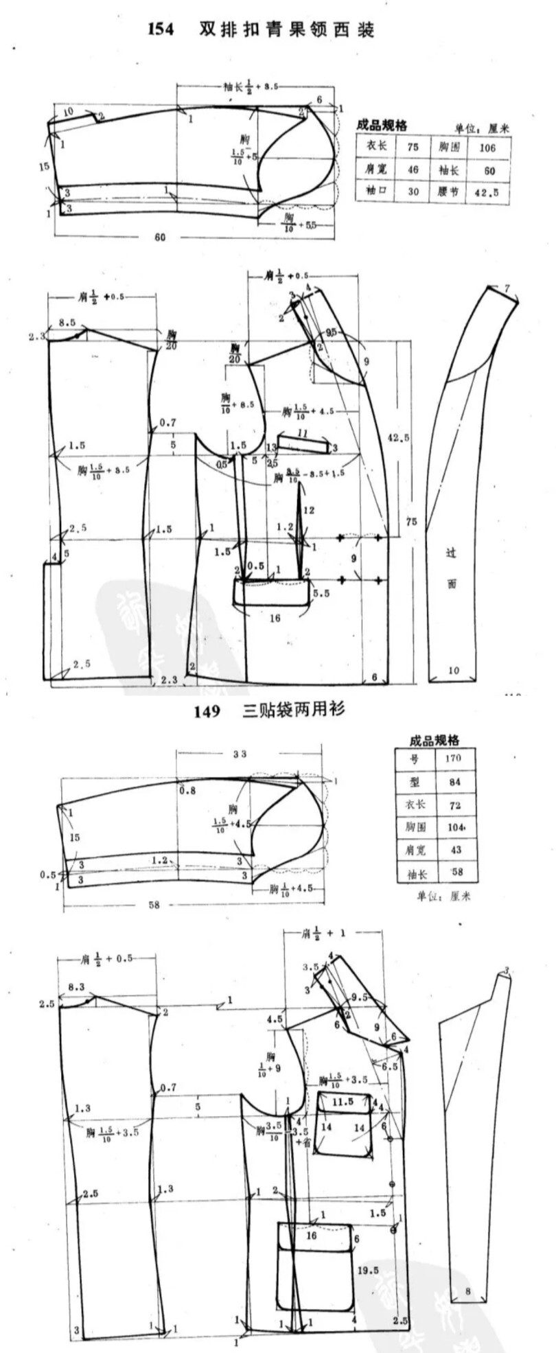 //男装裁剪图
双排扣青果领西装
三贴袋两用衫