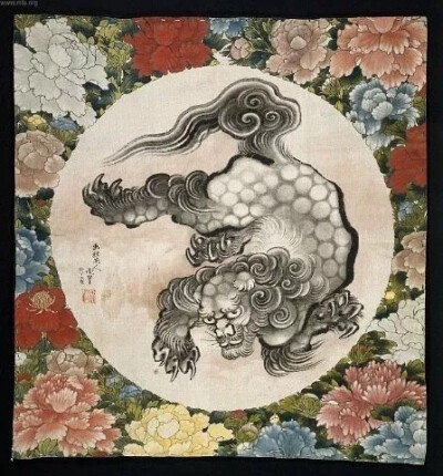 葛饰北斋《唐狮子图》，背景由阿荣绘制
父亲画狮子，她配牡丹
父亲画花，她就点缀上蝴蝶