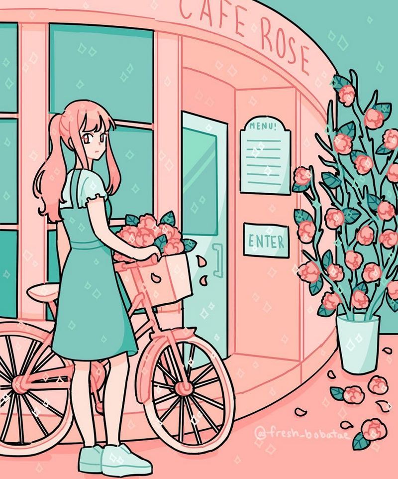 一个人的慢时光 ，甜美的小生活 ~~ 来自插画师Emily Kim的一组粉绿色系的少女插画。