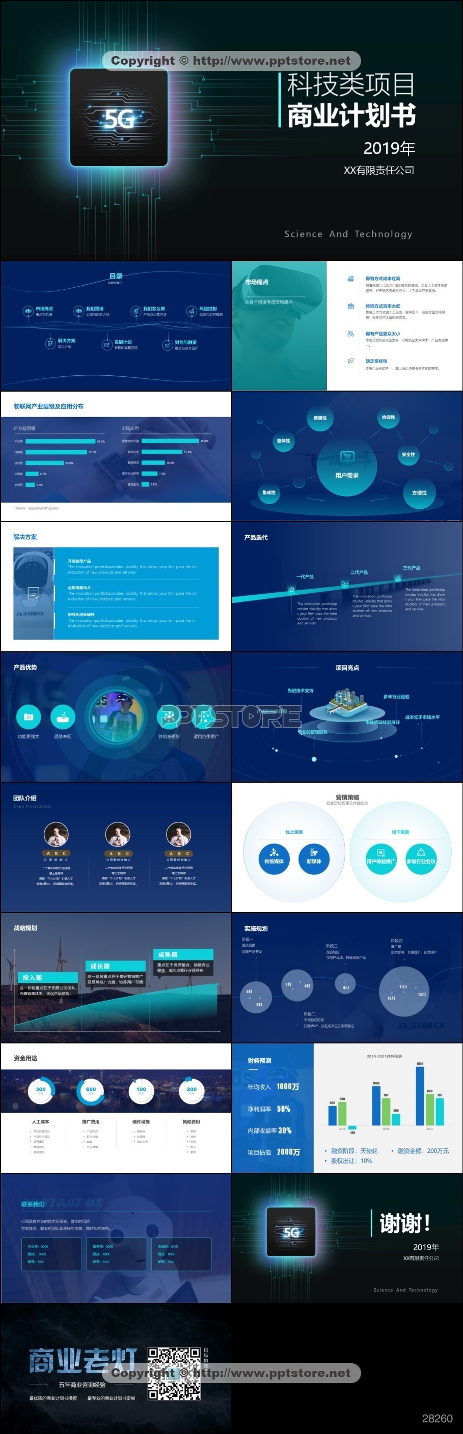 28260-蓝绿色 高科技 5G AR/VR 芯片 商业计划书PPT模板