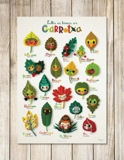 Instagram wenyuri植物主题手工海报：先设计出各种树叶娃娃，把它们做成手工，再在纸上排版拍照，就成了有趣的手工海报。