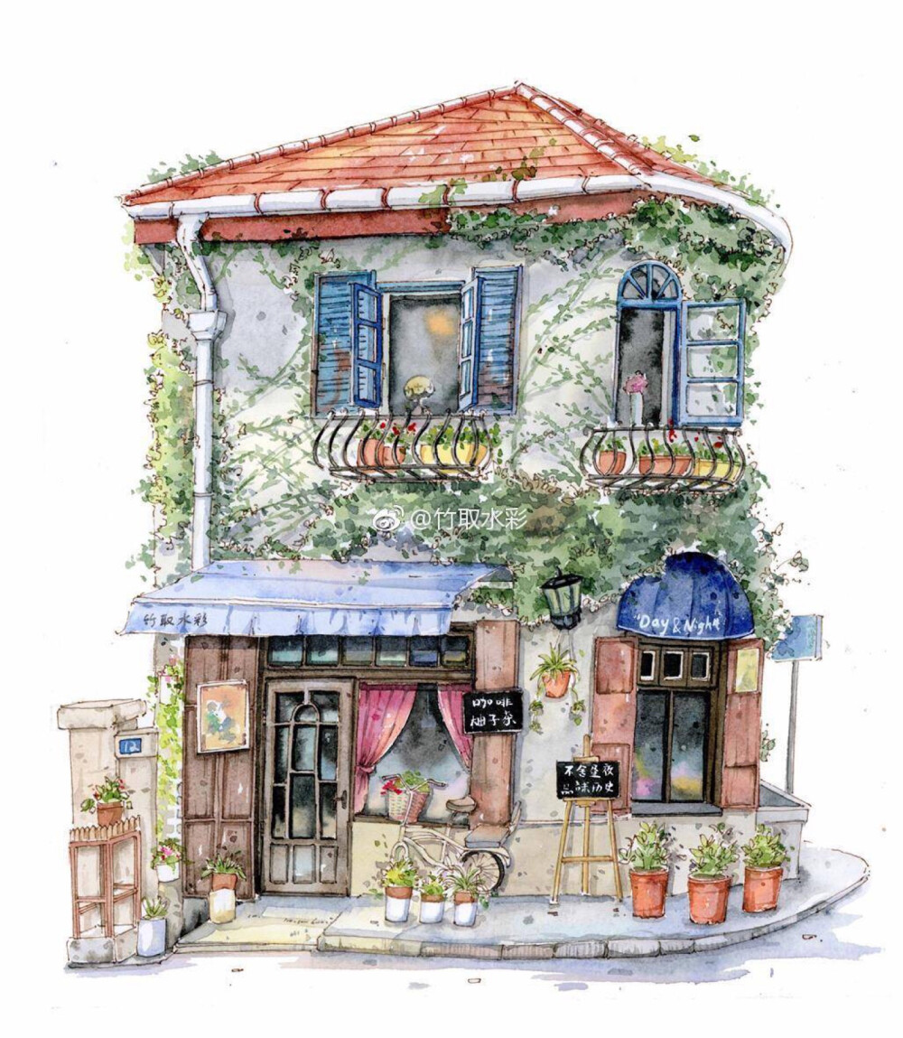 画个之前去过的小店，一个被绿色藤蔓环绕 的老房子咖啡厅——不舍昼夜

