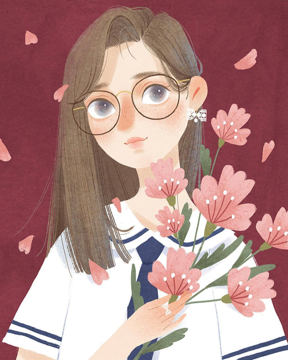 花和女孩手绘插画头像ins